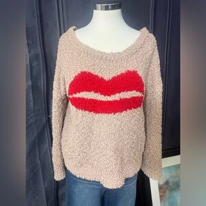 POL Red Lips Tan Scoop Neck knit Sweater